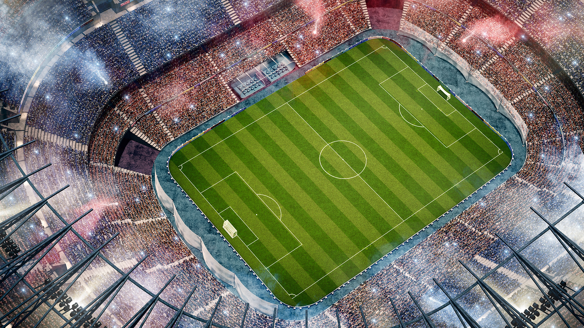Blick aus der Vogelperspektive auf das mit Zuschauern gefüllte Fußballstadion